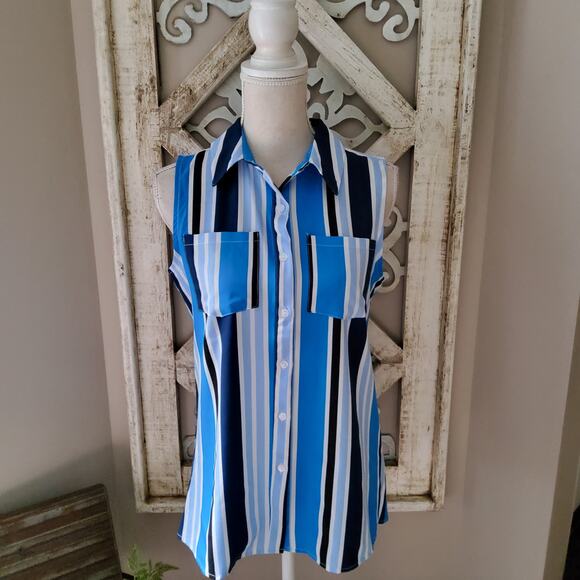 Notations Women's M Sleeveless Collar Button Down Pocket Blouse Tank Top Stripe - Picture 2 of 7